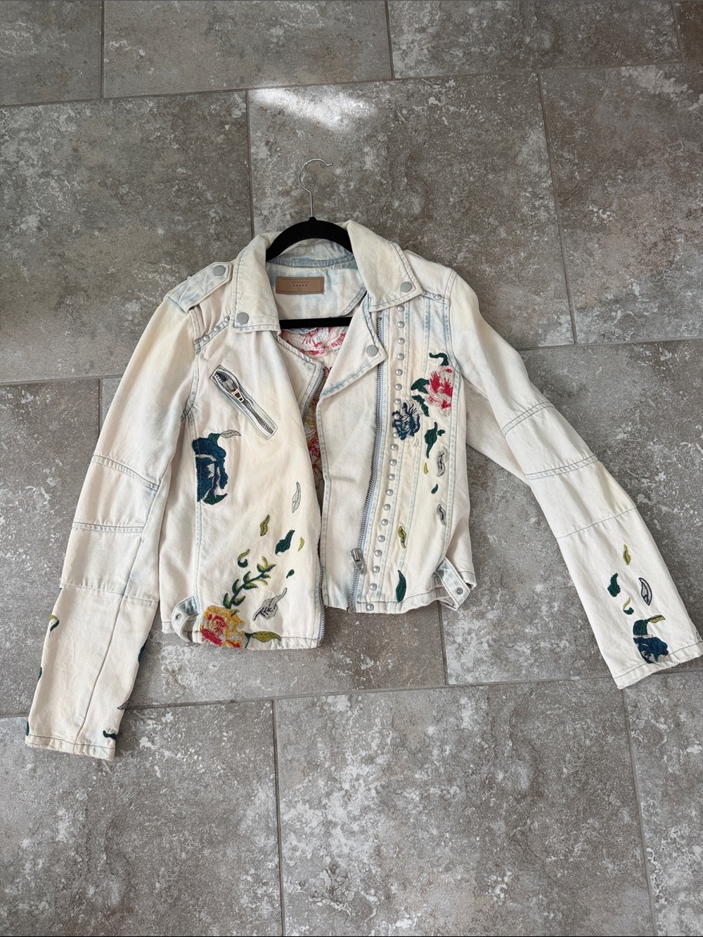 Blank NYC Cream Embroidered Denim Moto Jacket with Floral Accents